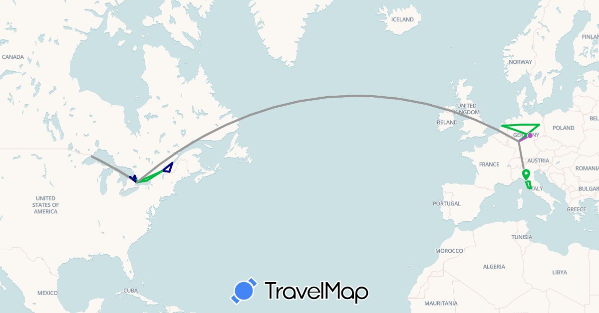 TravelMap itinerary: driving, bus, plane, train, hiking in Canada, Germany, Italy, Netherlands (Europe, North America)